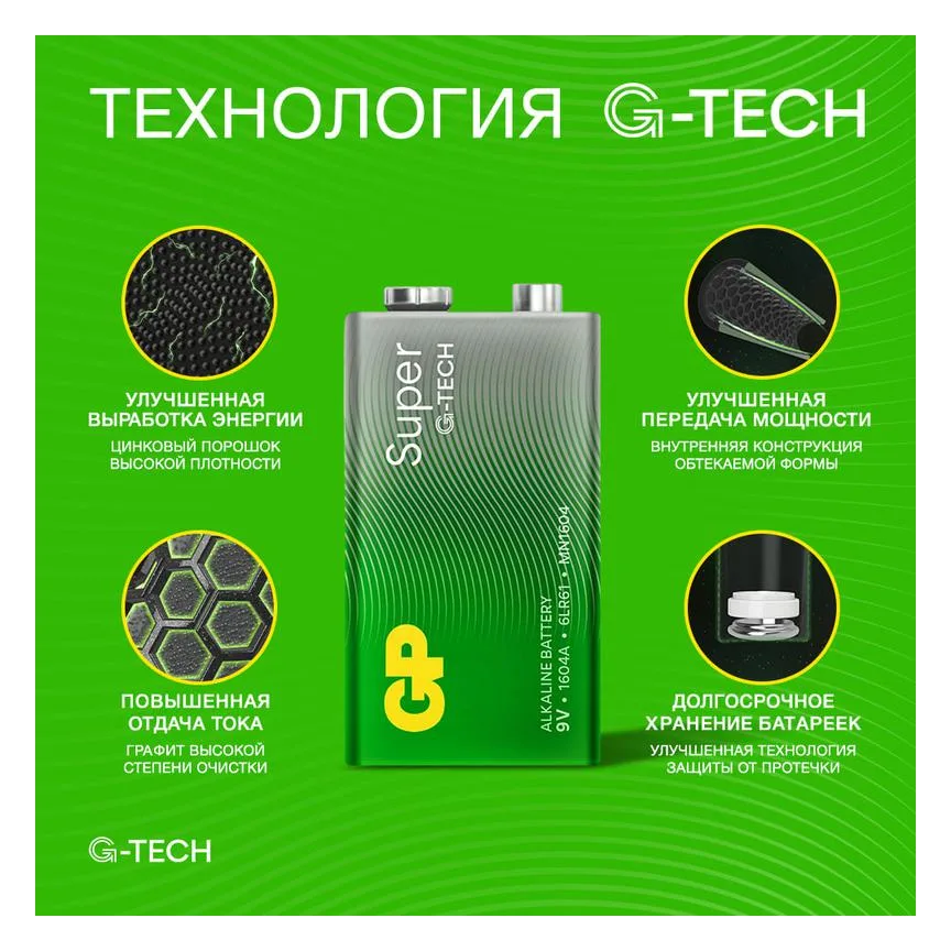 Элемент питания алкалиновый "крона" 6LR61 9В Super Alkaline G-Tech 1604AA21-5CRSBC1 10/200 (блист.1шт) GP 1219