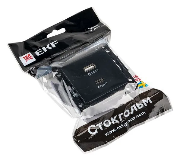 Розетка USB 2-м Стокгольм тип A+C механизм черн. PROxima EKF EZR-2USB-type-C