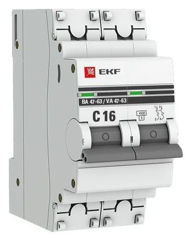 Выключатель автоматический модульный 2п C 16А 4.5кА ВА 47-63 PROxima EKF mcb4763-2-16C-pro