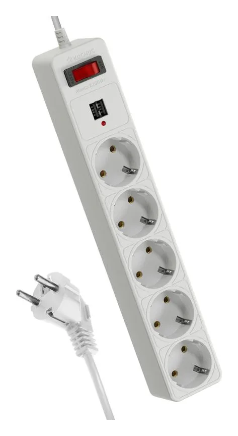 Удлинитель с сетевым фильтром 5х3м с заземл. 10А IP20 2.2кВт 2хUSB 3х0.75 с предохранителем КОСМОС FKsm3m-5g(W)USB