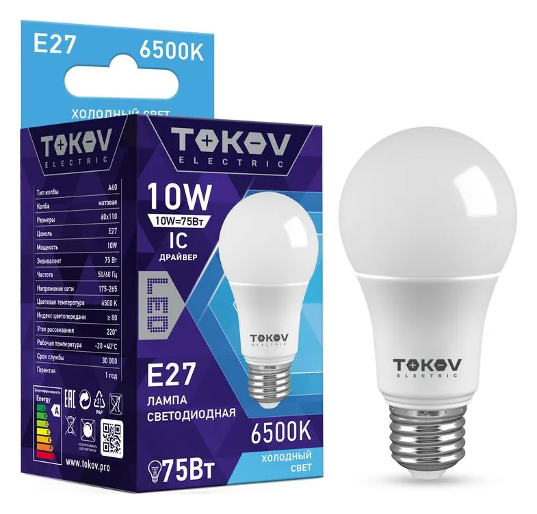 Лампа светодиодная 10Вт А60 6500К Е27 176-264В TOKOV ELECTRIC TKE-A60-E27-10-6.5K