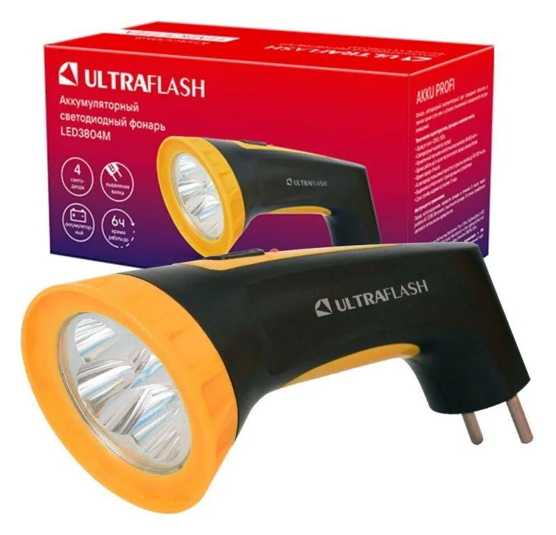 Фонарь аккумуляторный LED3804M 4LED аккум. SLA 220В пластик. черн./желт. (кор.) Ultraflash 12867