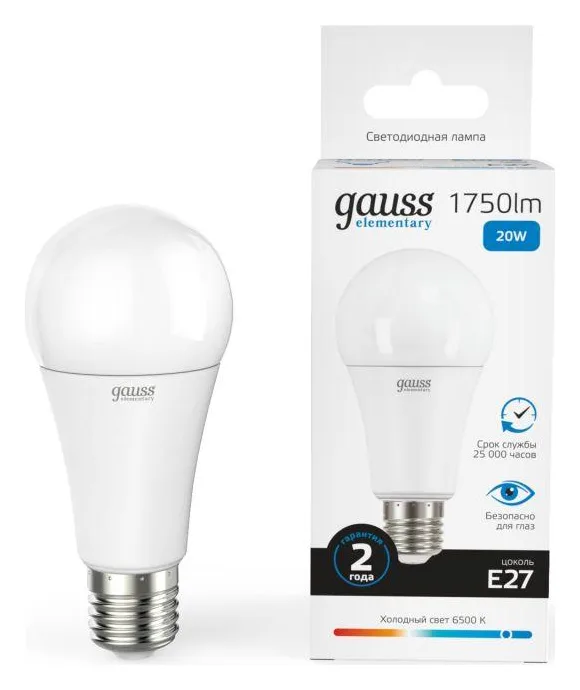 Лампа светодиодная Elementary 20Вт A60 грушевидная 6500К холод. бел. E27 1750лм GAUSS 23239