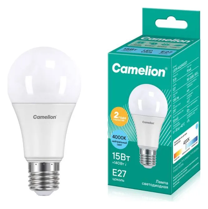 Лампа светодиодная LED15-A60/845/E27 15Вт грушевидная 4500К E27 1320лм 220В бел. Camelion 12186