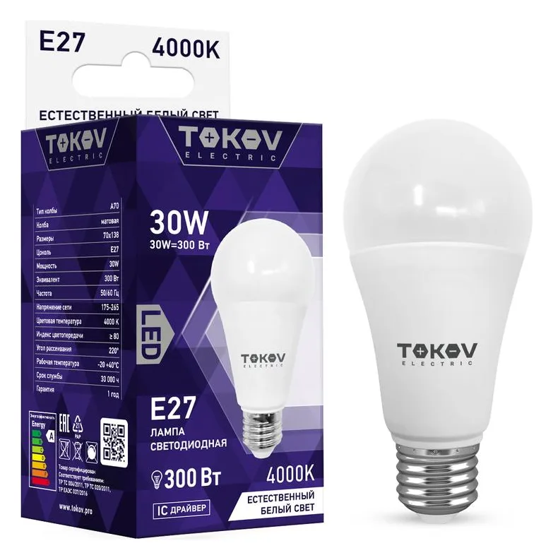 Лампа светодиодная 30Вт А70 4000К Е27 176-264В TOKOV ELECTRIC TKE-A70-E27-30-4K