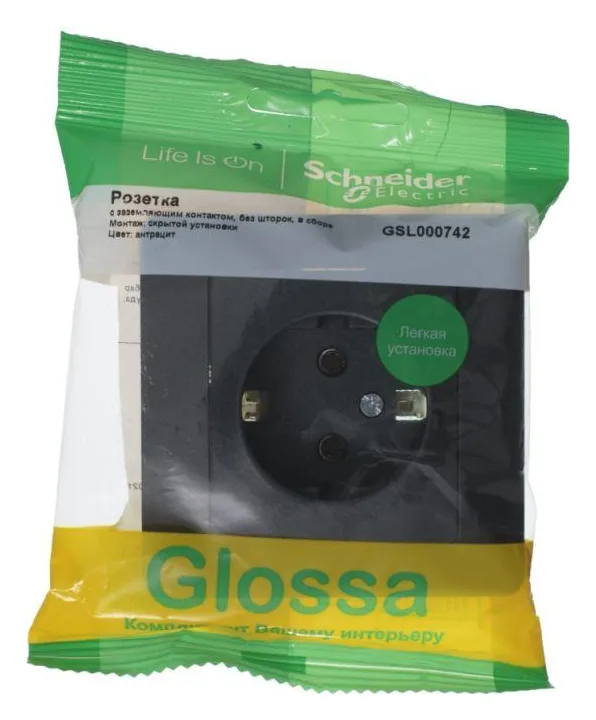 Розетка 1-м СП 1мод. Glossa 16А IP20 с заземл. в сборе антрацит SE GSL000742
