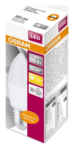 Лампа светодиодная LED Star Classic B 60 6.5W/830 6.5Вт свеча матовая 3000К тепл. бел. E27 550лм 220-240В пластик. OSRAM 4058075134232