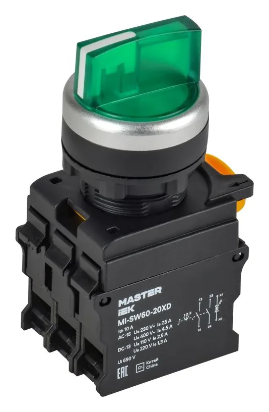 Переключатель 3 полож. 2НО с подсветкой зел. MASTER IEK MI-SW60-20XD-4-14-3-K06