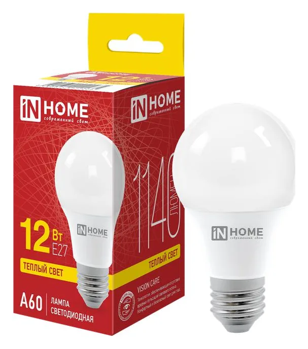 Лампа светодиодная LED-A60-VC 12Вт грушевидная 3000К тепл. бел. E27 1140лм 230В IN HOME 4690612020235