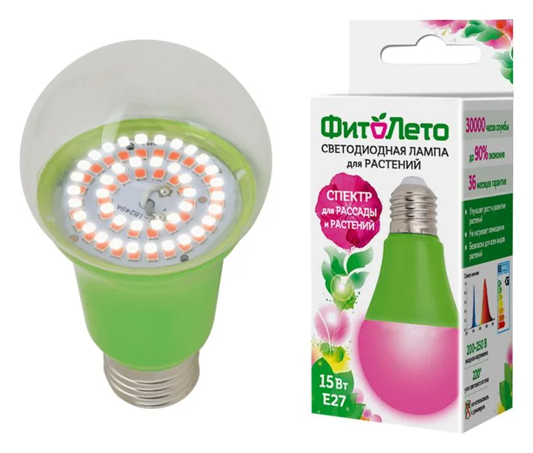 Лампа светодиодная LED-A60-15W/SPSB/E27/CL PLP30GR 15Вт A60 грушевидная прозрачная для растений спектр для рассады и цветения (упак. картон) Uniel UL-00004582