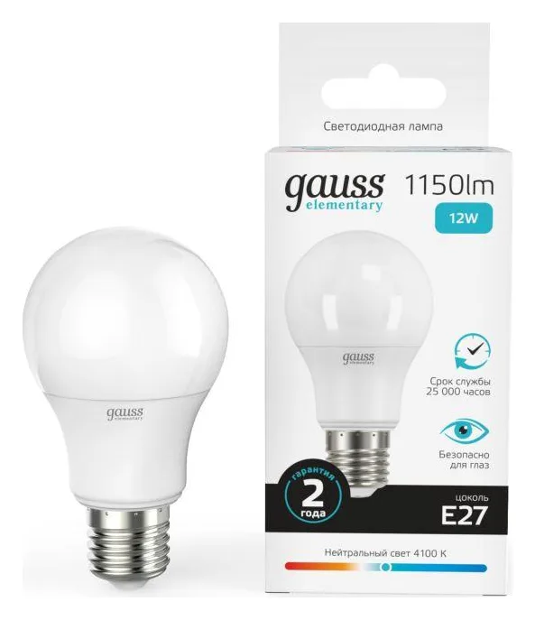 Лампа светодиодная Elementary 12Вт A60 грушевидная 4100К нейтр. бел. E27 1150лм GAUSS 23222