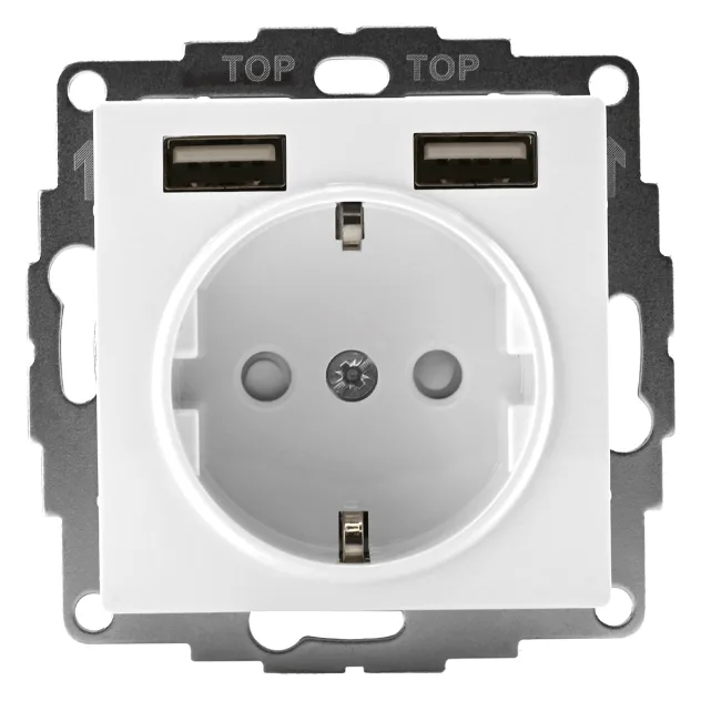 Розетка 1-м СП AtlasDesign 16А IP20 с 2-мя заряд. устройствами USB тип A+A 5В/2.4А 2х5В/1.2А механизм бел. SE ATN000130