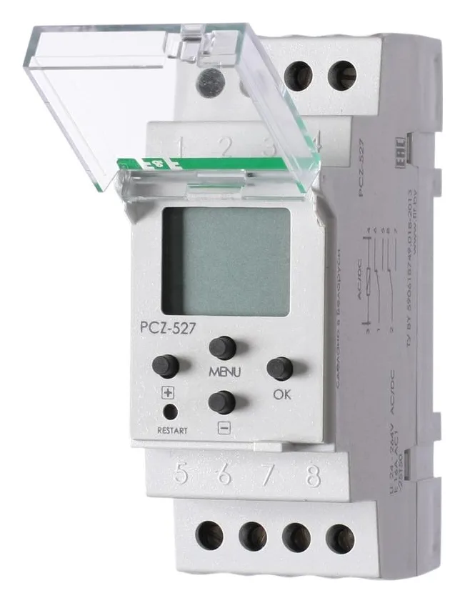 Реле времени астрономическое PCZ-527 2х16А 24-264В AC/DC 2 переключ. контакта IP20 2 канала монтаж на DIN-рейке F&F EA02.002.006