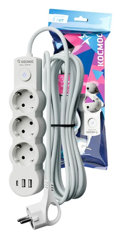 Удлинитель 3х5м с заземл. 10А IP20 USB 2800Вт 220В ПВС 3х1 с выкл. бел. КОСМОС YKsm5m3g-Z-VU10А-W