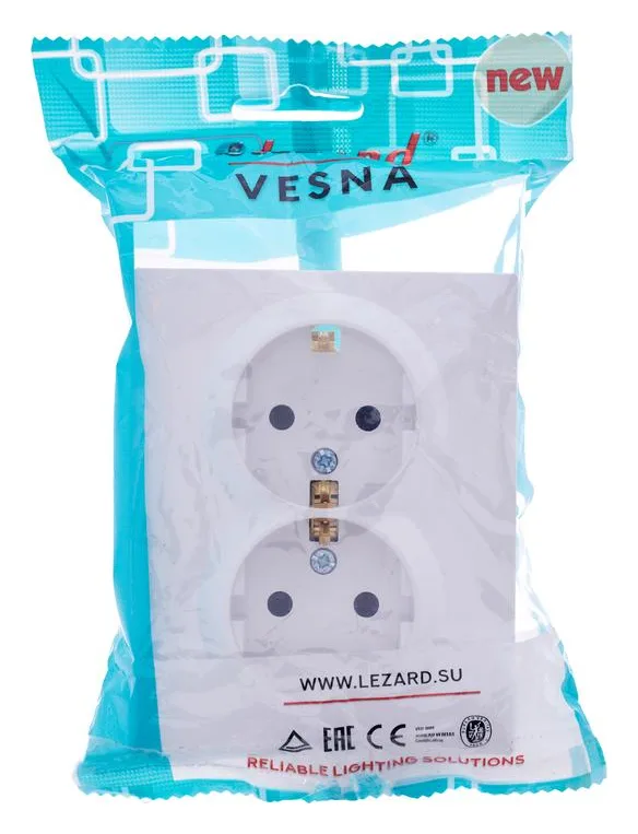 Розетка 2-м СП VESNA с заземл. со шторками ПБТ бел. LEZARD 742-0200-178B