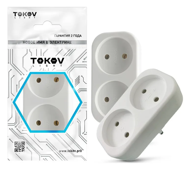 Разветвитель 2-м без заземл. 16А 250В IP20 полипропилен бел. TOKOV ELECTRIC TKL-S2-C01