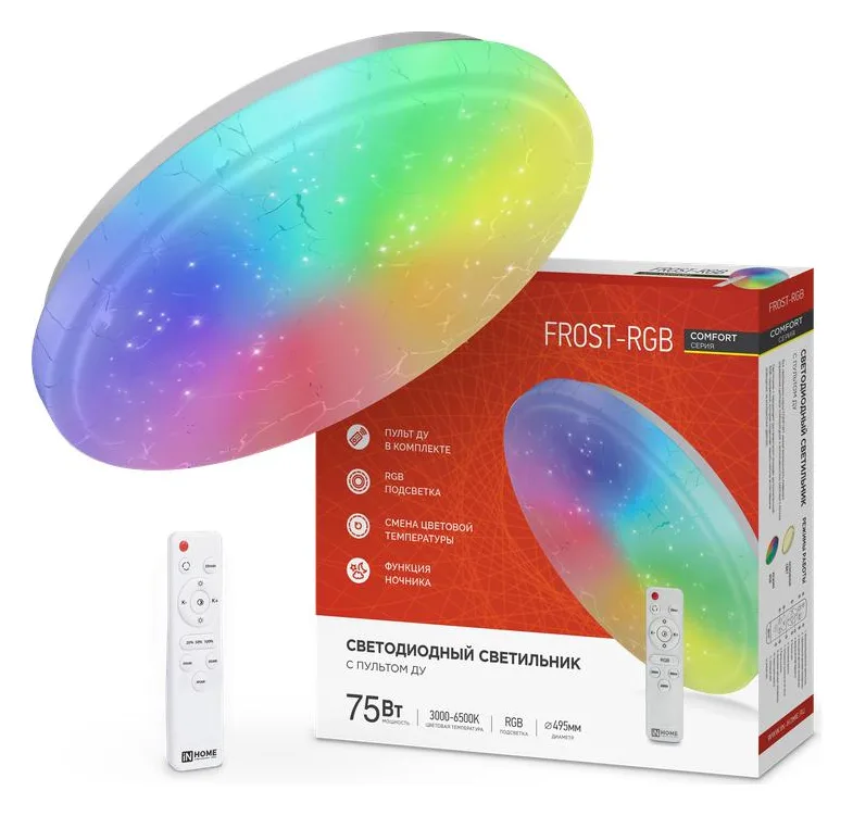 Светильник светодиодный COMFORT FROST-RGB 75Вт 3000-6500К 4400лм 230В 495х85мм с пультом ДУ IN HOME 4690612044644