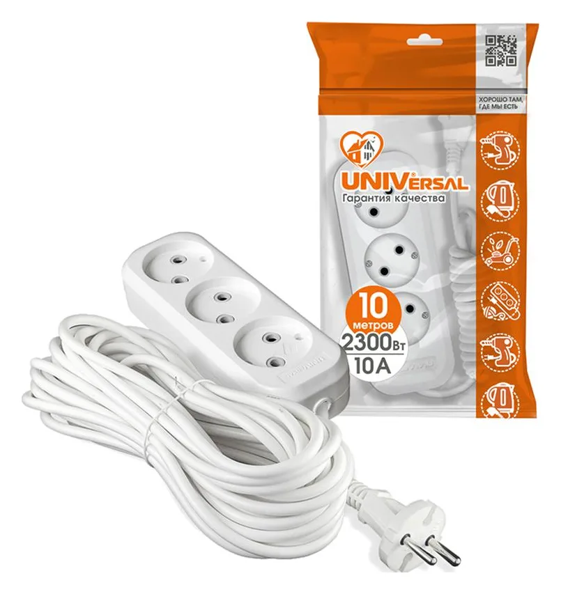 Удлинитель 3х10м без заземл. 10А IP20 Е-203 ПВС 2х1 АБС-пластик UNIVersal 9631967