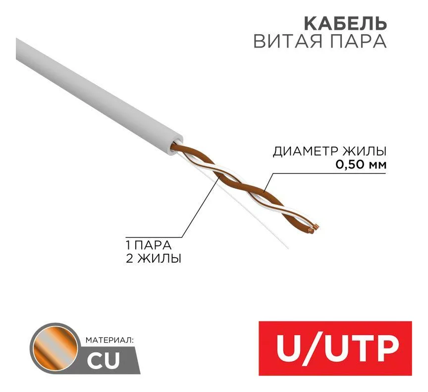 Кабель витая пара U/UTP кат.5E 1х2х24AWG solid CU PVC сер. (м) Rexant 01-0002