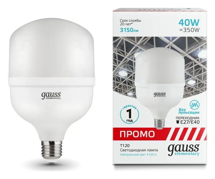 Лампа светодиодная Elementary 40Вт T120 цилиндр 4100К нейтр. бел. E27 3150лм Promo GAUSS 60424