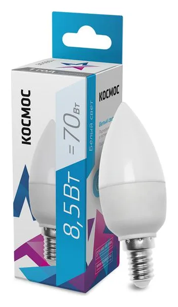 Лампа светодиодная 8.5Вт свеча 4500К бел. E14 220В КОСМОС LkecLED8.5wCNE1445