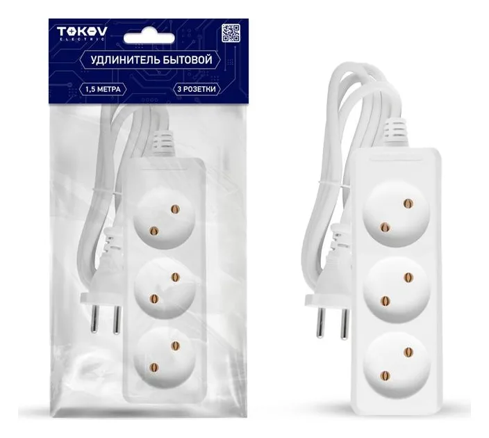 Удлинитель 3х1.5м без заземл. 10А 2х0.75 TOKOV ELECTRIC TKE-C01-BU3-1.5-075