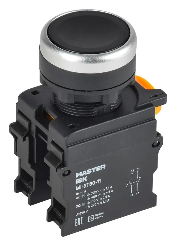 Кнопка d22мм 1НО+1НЗ MASTER черн. IEK MI-BT60-11-3-22-K02