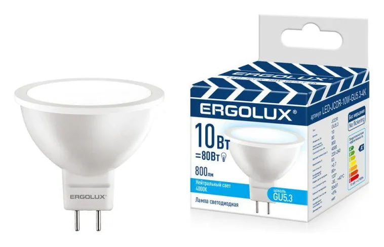 Лампа светодиодная LED-JCDR-10W-GU5.3-4K JCDR 10Вт рефлектор 4500К бел. GU5.3 220-240В ПРОМО Ergolux 15562