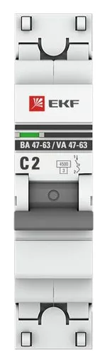Выключатель автоматический модульный 1п C 2А 4.5кА ВА 47-63 PROxima EKF mcb4763-1-02C-pro