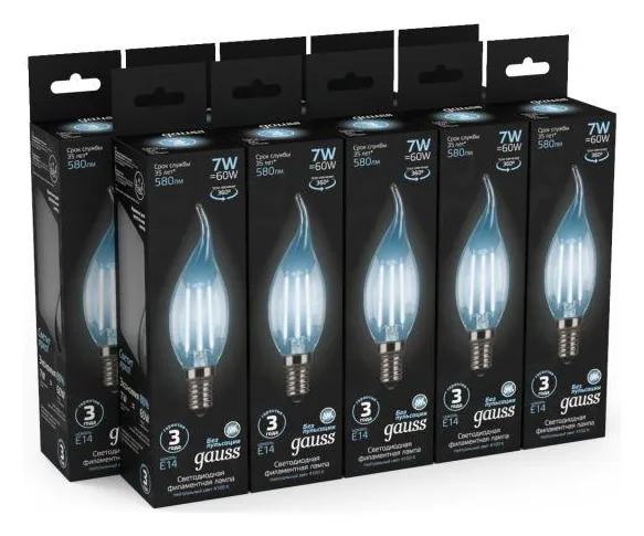Лампа светодиодная филаментная Black Filament 7Вт свеча на ветру 4100К нейтр. бел. E14 580лм GAUSS 104801207
