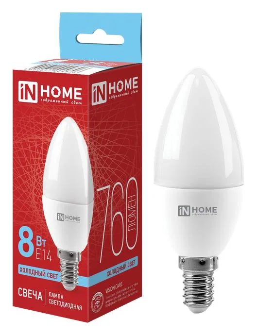 Лампа светодиодная LED-СВЕЧА-VC 8Вт свеча 6500К холод. бел. E14 760лм 230В IN HOME 4690612024806