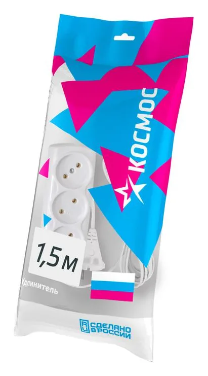 Удлинитель 3х1.5м 6А IP20 ПВС 2х0.75 КОСМОС YKsm1.5m-3g(6A)S