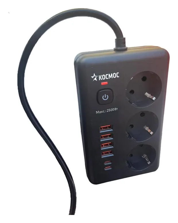 Удлинитель с сетевым фильтром 3х1.5м 10А 4USB + 2USBC 2500Вт ПВС 3х1 прямоуг. черн. КОСМОС FKsm1.5m-3gPF(B)USB