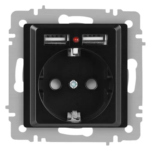 Розетка 1-м СП Accent 6-410-05 16А IP20 250В P+E Schuko + 2хUSB защ. шторки антрацит Intro Б0063698