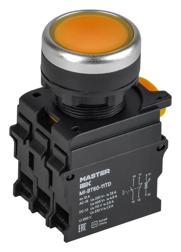 Кнопка d22мм 1НО+1НЗ MASTER с подсветкой и фиксацией желт. IEK MI-BT60-11TD-3-11-K05