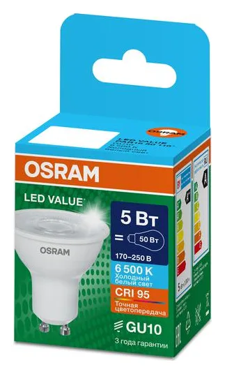 Лампа светодиодная LED G4 Value LVPAR1650 5W/965 CRI95 5Вт 6500К 500лм рефлектор прозр. GU10 170-250В OSRAM 4630557647999