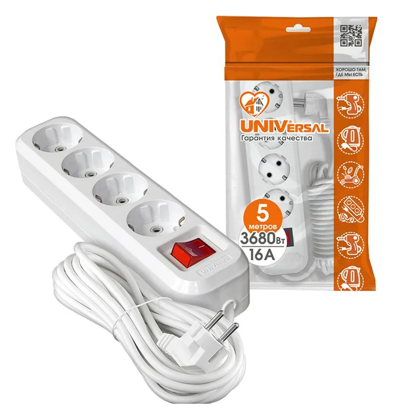 Удлинитель 4х5м с заземл. IP20 S-304А ПВС 3х1.5 с выкл.Universal 1735