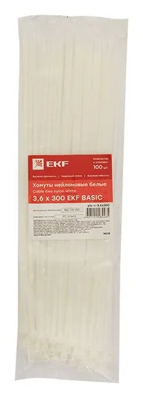 Хомут кабельный 3.6х300 нейл. бел. (уп.100шт) EKF plc-c-3.6x300