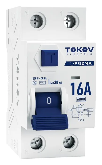 Выключатель дифференциального тока (УЗО) 2п (1P+N) 16А 30мА тип AC 6кА PRIZMA TOKOV ELECTRIC TKE-PZ60-RCDM-2-16-30-AC