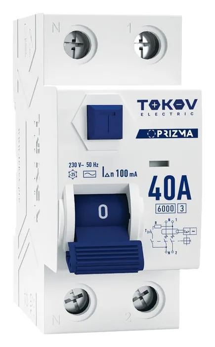 Выключатель дифференциального тока (УЗО) 2п (1P+N) 40А 100мА тип AC 6кА PRIZMA TOKOV ELECTRIC TKE-PZ60-RCDM-2-40-100-AC