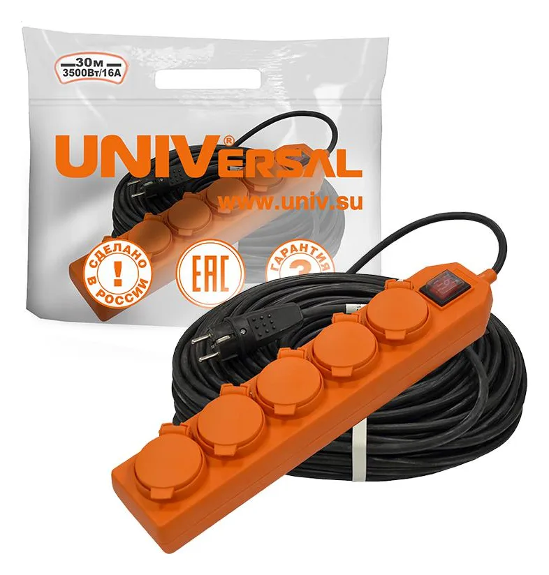 Удлинитель-шнур 5х30м с заземл. 16А IP44 У10-026 КГ 3х1.5 с выкл. с индикатором сети с защ. крышкой UNIVersal 9634140
