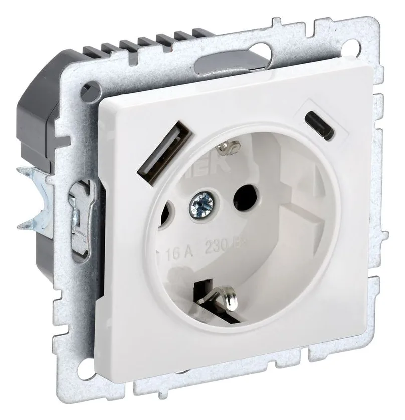 Розетка BRITE РЮш11-1-БрБ 16А с USB A+C 18Вт с заземл. защ. шторки механизм бел. IEK BR-R14-16-U22-018-K01
