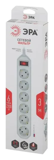 Удлинитель с сетевым фильтром 6х3м с заземл. 10А IP20 USF-6es-3m-W с выкл. с базов. защитой бел. Эра Б0037262