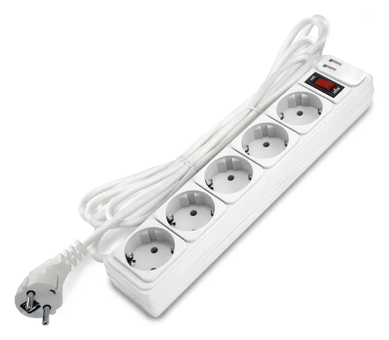 Удлинитель с сетевым фильтром 5х5м с заземл 10А 2.2кВт IP20 2хUSB ПВС 3х1 с выкл. бел. DOMTOK 2566