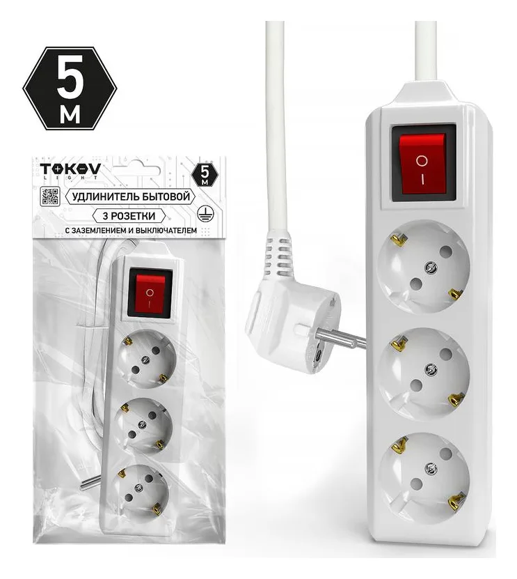 Удлинитель 3х5м с заземл. с выкл. 10А 3х1.5 TOKOV ELECTRIC TKL-C01-BU3-5-1.5-ZV