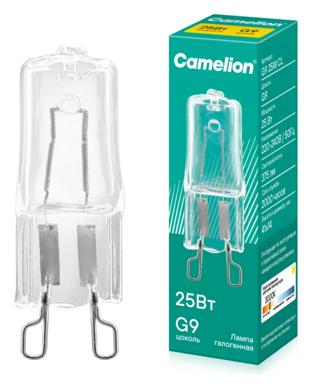 Лампа галогенная 25Вт капсула прозрачная G9 3000К 230В Camelion 5845