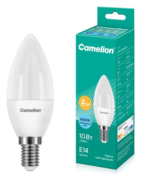Лампа светодиодная LED10-C35/845/E14 10Вт свеча матовая 4500К бел. E14 220В Camelion 13561