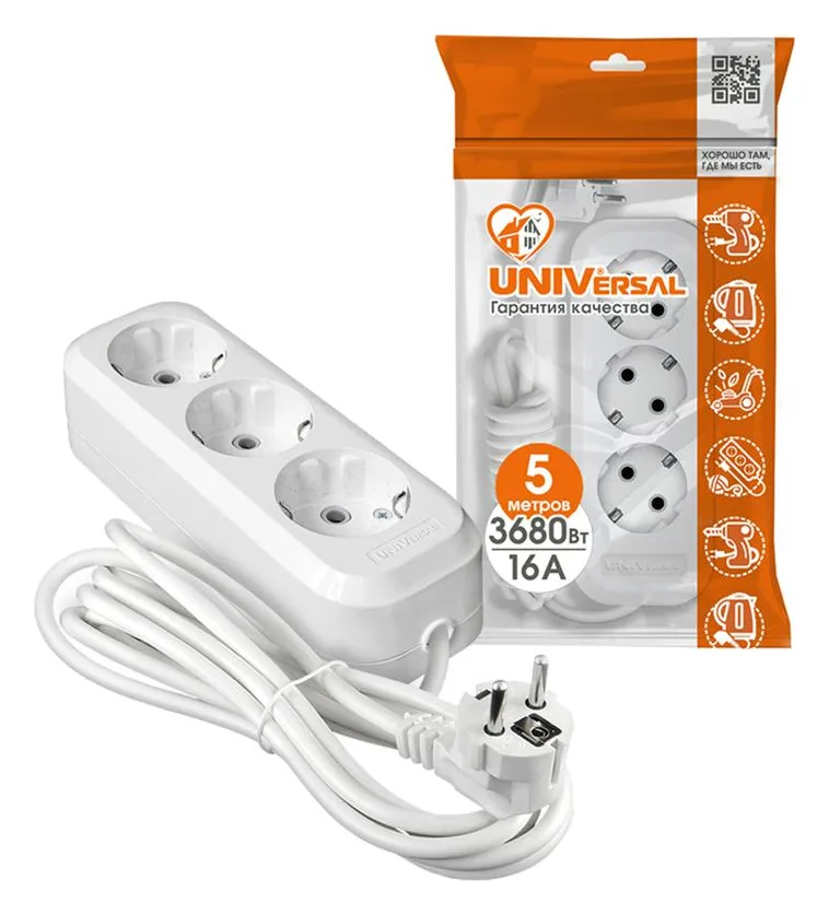Удлинитель 3х5м с заземл. IP20 Е-303А ПВС 3х1.5 Universal 1723