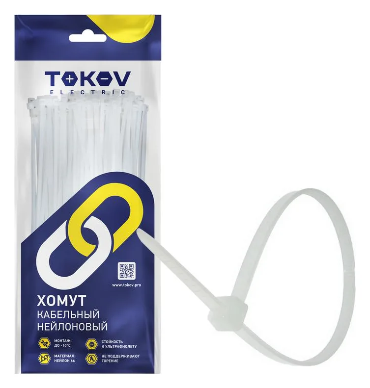 Хомут кабельный нейлоновый бел. 3.6х250 (уп.100шт) TOKOV ELECTRIC TKE-HNS-3.6-250-W/100