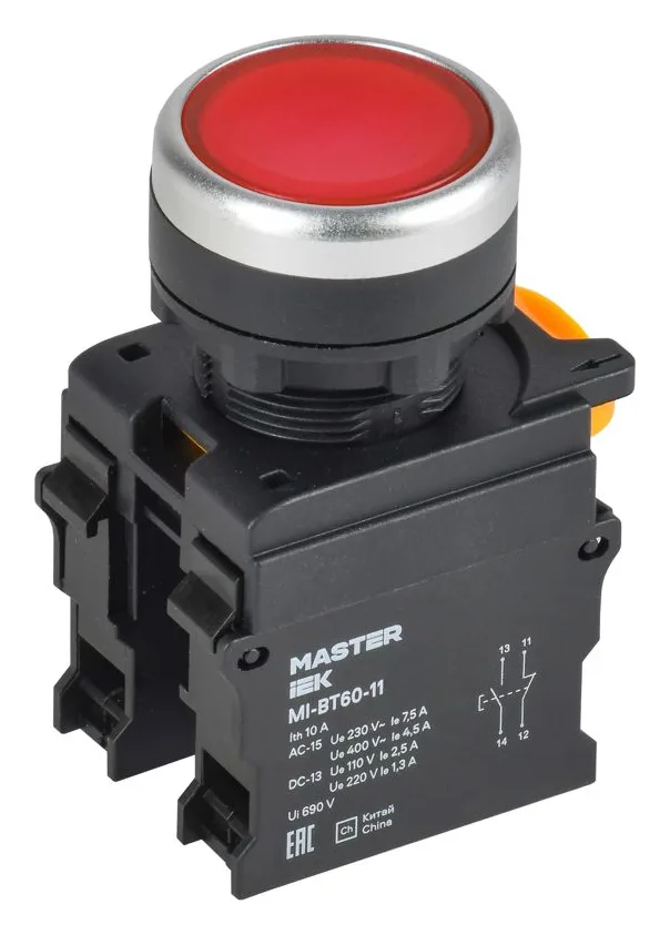 Кнопка d22мм 1НО+1НЗ MASTER красн. IEK MI-BT60-11-3-22-K04